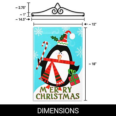 G128 Combo Set: Garden Flag Hanger And Garden Flag Merry Christmas Penguin With Candy Cane 12"x18"