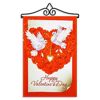 G128 Combo Set: Garden Flag Hanger And Garden Flag Happy Valentine's Day Doves 12"x18"