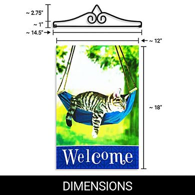 G128 Combo Set: Garden Flag Hanger And Garden Flag Welcome Sleeping Kitten 12"x18"