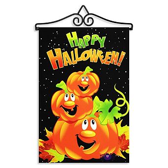 G128 Combo Set: Garden Flag Hanger And Garden Flag Happy Halloween 3 Pumpkins 12"x18"