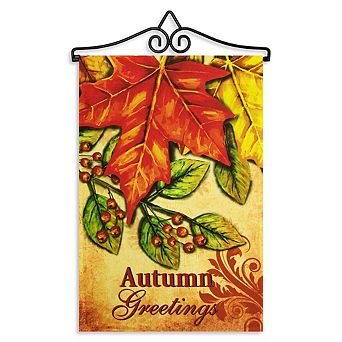 G128 Combo Set: Garden Flag Hanger And Garden Flag Autumn Greetings Large Maple Leaf 12"x18"
