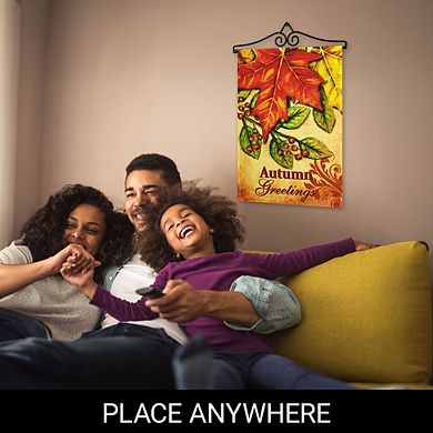 G128 Combo Set: Garden Flag Hanger And Garden Flag Autumn Greetings Large Maple Leaf 12"x18"