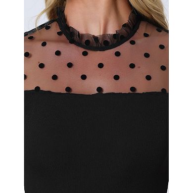 Polka Dots Mesh Sheer Shirt For Women's Short Sleeve Skinny Party Bodysuit Top