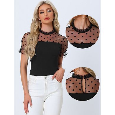 Polka Dots Mesh Sheer Shirt For Women's Short Sleeve Skinny Party Bodysuit Top