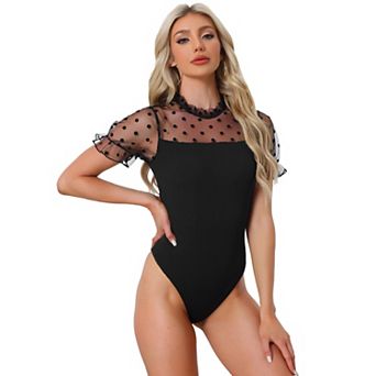Polka Dots Mesh Sheer Shirt For Women's Short Sleeve Skinny Party Bodysuit Top