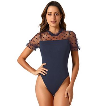 Polka Dots Mesh Sheer Shirt For Women's Short Sleeve Skinny Party Bodysuit Top