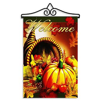 G128 Combo Set: Garden Flag Hanger And Garden Flag Welcome Cornucopia With Pumpkin 12"x18"