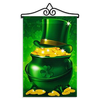 G128 Combo Set: Garden Flag Hanger And Garden Flag Pot Of Gold And Hat 12"x18"