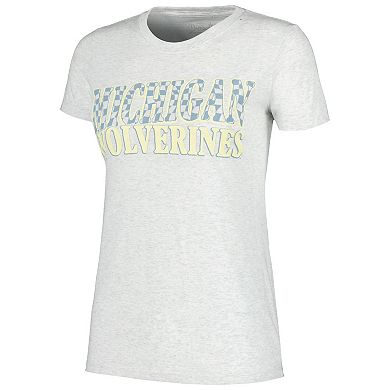 Women's Heather Gray Michigan Wolverines Checkered Team Name Wavy Tri-Blend T-Shirt