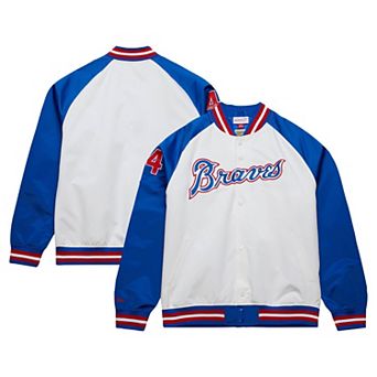 Men's Mitchell & Ness Hank Aaron White/Royal Atlanta Braves Cooperstown Collection Legends Lightweight Satin Raglan Full-Snap Jacket