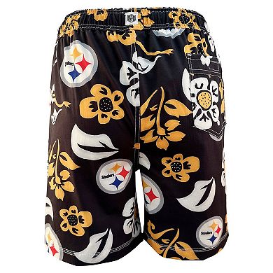 Youth Wes & Willy Black Pittsburgh Steelers Floral Volley Swim Trunks