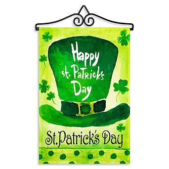 G128 Combo Set: Garden Flag Hanger And Garden Flag Happy St. Patrick's Day Leprechaun Hat 12"x18"