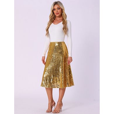 High Waist Shiny Sequin Midi Party Skirt