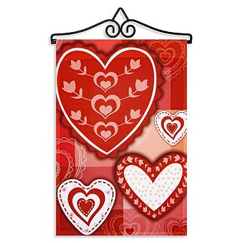 G128 Combo Set: Garden Flag Hanger And Garden Flag Patchwork Hearts 12"x18"