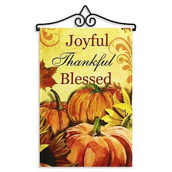 G128 Combo Set: Garden Flag Hanger And Garden Flag Joyful Thankful Blessed 3 Pumpkins 12"x18"
