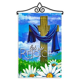 G128 Combo Set: Garden Flag Hanger And Garden Flag Let Us Rejoice Easter Cross 12"x18"