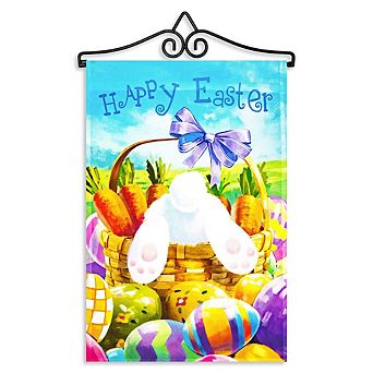 G128 Combo: Garden Flag Hanger And Garden Flag Easter Carrots Eggs With Bunny In Basket 12"x18"