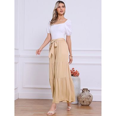 Women's Boho Elastic High Waisted Tie Waist Ruffle Hem Wide Leg Palazzo Pants