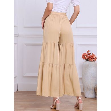 Women's Boho Elastic High Waisted Tie Waist Ruffle Hem Wide Leg Palazzo Pants