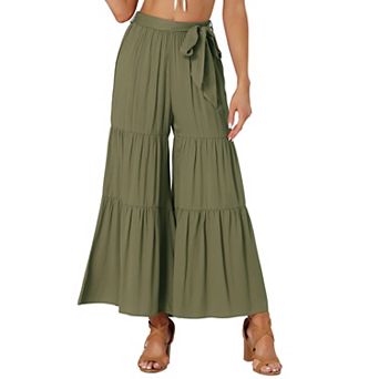 Women's Boho Elastic High Waisted Tie Waist Ruffle Hem Wide Leg Palazzo Pants