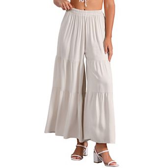 Women's Boho Elastic High Waisted Tie Waist Ruffle Hem Wide Leg Palazzo Pants