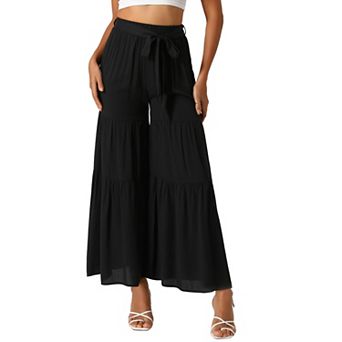 Women's Boho Elastic High Waisted Tie Waist Ruffle Hem Wide Leg Palazzo Pants