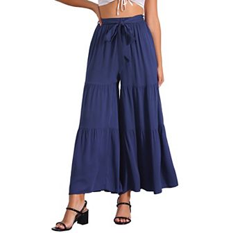 Women's Boho Elastic High Waisted Tie Waist Ruffle Hem Wide Leg Palazzo Pants