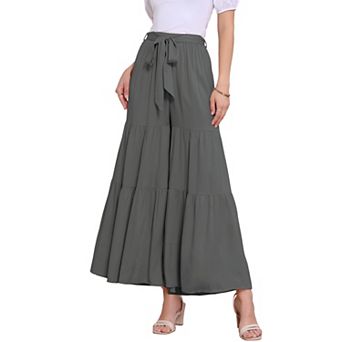 Women's Boho Elastic High Waisted Tie Waist Ruffle Hem Wide Leg Palazzo Pants
