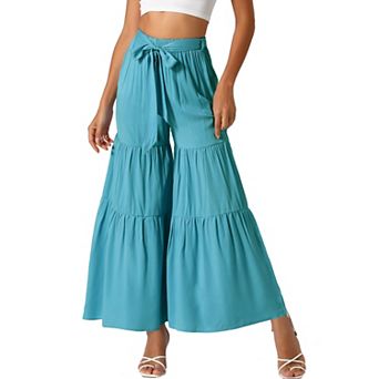 Women's Boho Elastic High Waisted Tie Waist Ruffle Hem Wide Leg Palazzo Pants