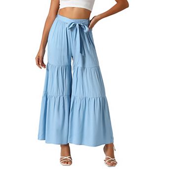 Women's Boho Elastic High Waisted Tie Waist Ruffle Hem Wide Leg Palazzo Pants