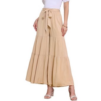 Women's Boho Elastic High Waisted Tie Waist Ruffle Hem Wide Leg Palazzo Pants