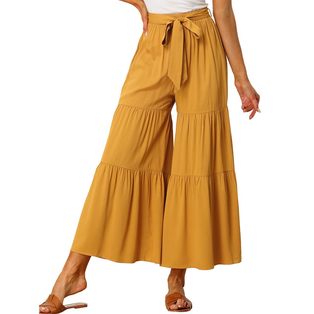 Women's Boho Elastic High Waisted Tie Waist Ruffle Hem Wide
