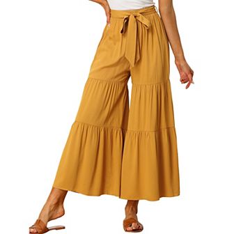 Women's Boho Elastic High Waisted Tie Waist Ruffle Hem Wide Leg Palazzo Pants