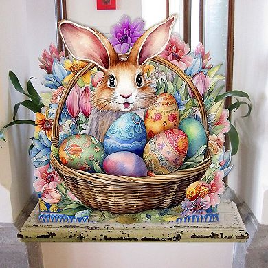 Bunny in a Basket Holiday 24-Inch Handcrafted Wooden Door Hanger & Wall Art by G. DeBrekht