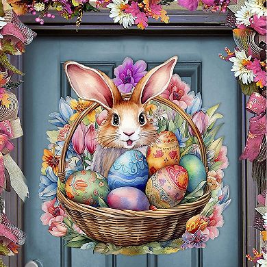 Bunny in a Basket Holiday 24-Inch Handcrafted Wooden Door Hanger & Wall Art by G. DeBrekht