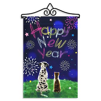 G128 Combo Set: Garden Flag Hanger And Garden Flag Happy New Year Dog And Cat 12"x18"