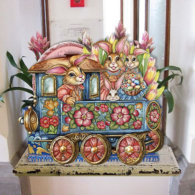 Easter Bunny Train Holiday 24-Inch Handcrafted Wooden Door Hanger & Wall Art by G. DeBrekht