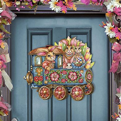 Easter Bunny Train Holiday 24-Inch Handcrafted Wooden Door Hanger & Wall Art by G. DeBrekht