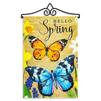 G128 Combo Set: Garden Flag Hanger And Garden Flag Hello Spring Butterflies Flowers 12"x18"