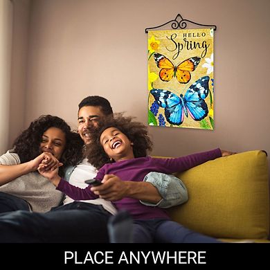 G128 Combo Set: Garden Flag Hanger And Garden Flag Hello Spring Butterflies Flowers 12"x18"