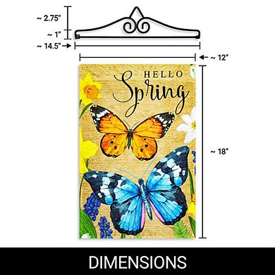 G128 Combo Set: Garden Flag Hanger And Garden Flag Hello Spring Butterflies Flowers 12"x18"