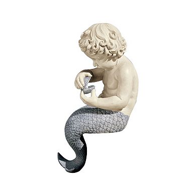 15-Inch Mermaid Garden Figurine with Oyster Shell, Grey and White Patio Statue