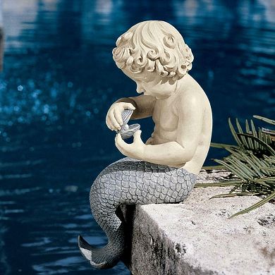 15-Inch Mermaid Garden Figurine with Oyster Shell, Grey and White Patio Statue