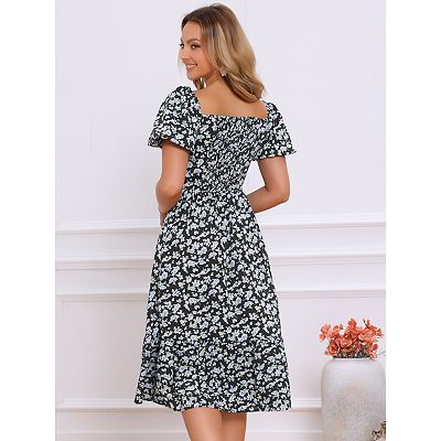 Women's Boho Print Summer Long Dresses Square Neck Short Sleeve A-Line Maxi  Dress