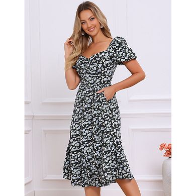 Women's Boho Print Summer Long Dresses Square Neck Short Sleeve A-Line Maxi Dress