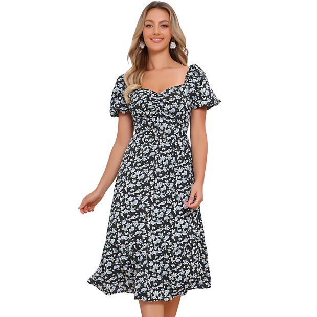 Women's Boho Print Summer Long Dresses Square Neck Short Sleeve A-Line Maxi  Dress