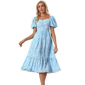 Women's Boho Print Summer Long Dresses Square Neck Short Sleeve A-Line Maxi Dress