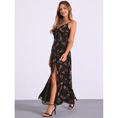 Women's Floral Print Dress Pleated Back Sweetheart Neck Split Elegant Maxi Dresses