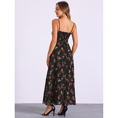 Women's Floral Print Dress Pleated Back Sweetheart Neck Split Elegant Maxi Dresses