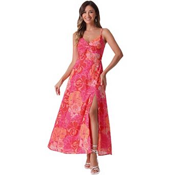 Women's Floral Print Dress Pleated Back Sweetheart Neck Split Elegant Maxi Dresses